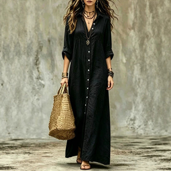 Shirt-collar Floor-length Casual Simple Long Dress 