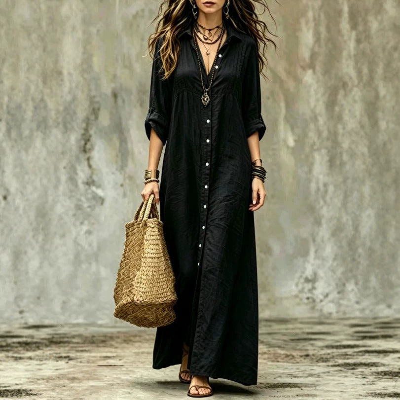 Shirt-collar Floor-length Casual Simple Long Dress 