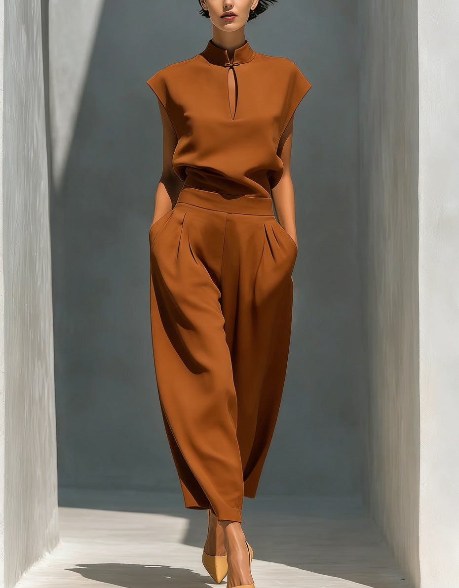 Chinese-style Satin Short-sleeve T-shirt And Pants Set For Women 