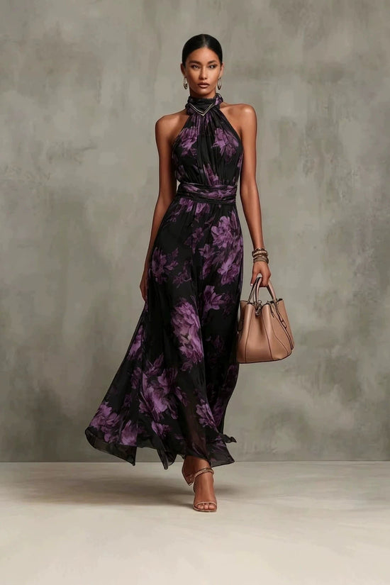 Neck-hanging Printed Chiffon Maxi Dress 