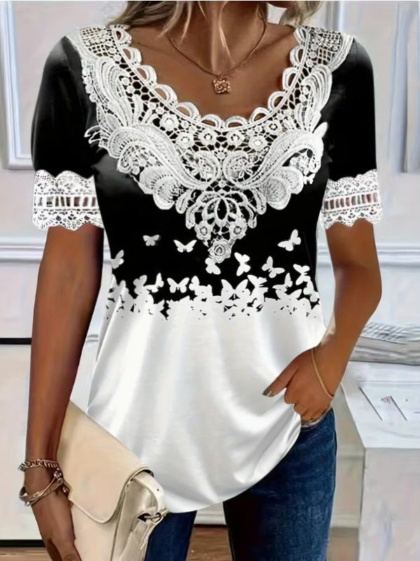 Women's Lace-Patchwork Crew-Neck Short-Sleeve T-Shirt 