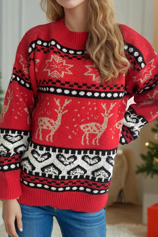 Christmas Casual Red Deer Jacquard Women's Long-sleeved Round Neck Sweater CJ