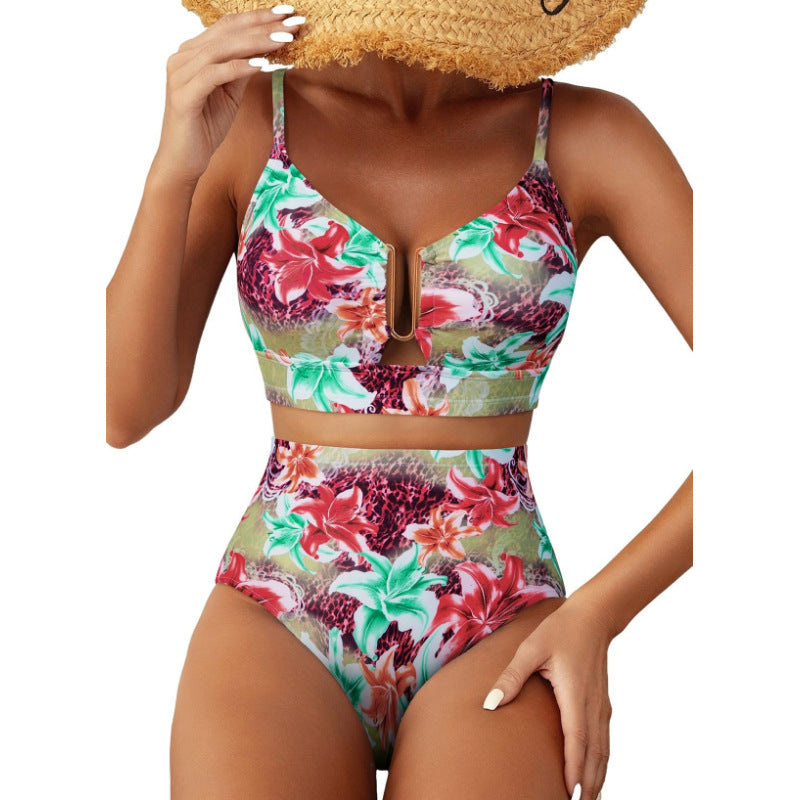Floral Print High-Waisted U-Line Bikini Set Swimwear for Women 