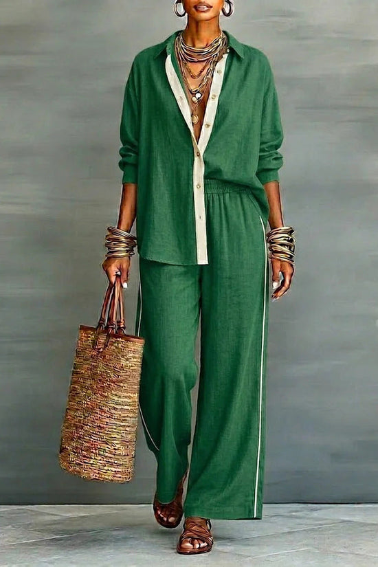 Contrast-color Casual Solid-color Loose Pants Two-piece Set 