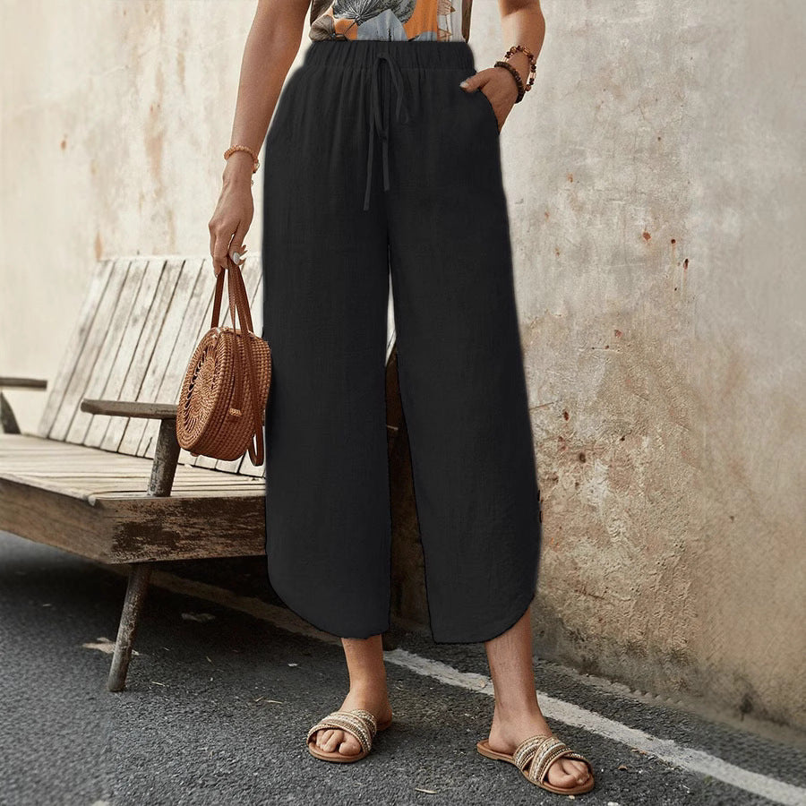 Cotton And Linen Drawstring Cropped Loose Pockets Casual Pants FitiqueFit