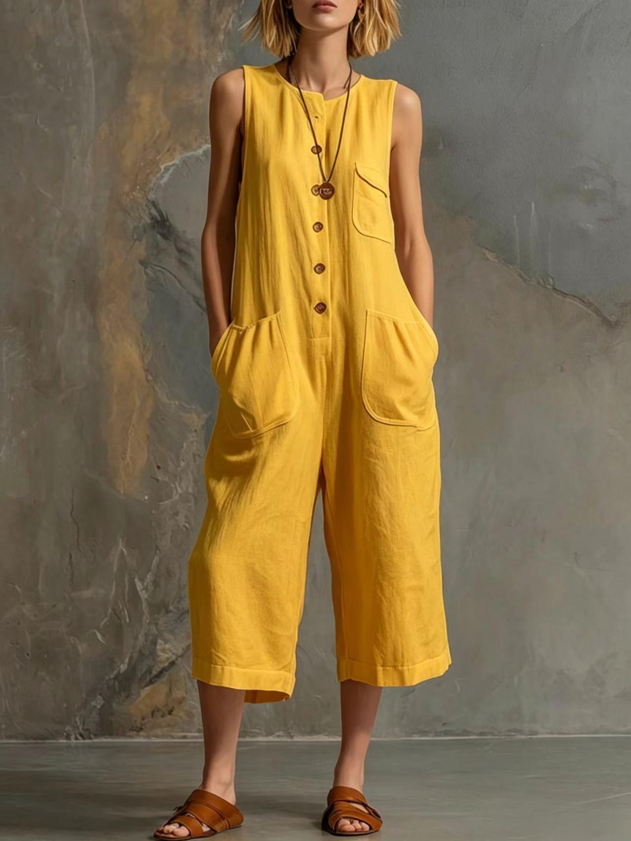 Retro Sleeveless Cotton-Linen Wide-Leg Cropped Jumpsuit 