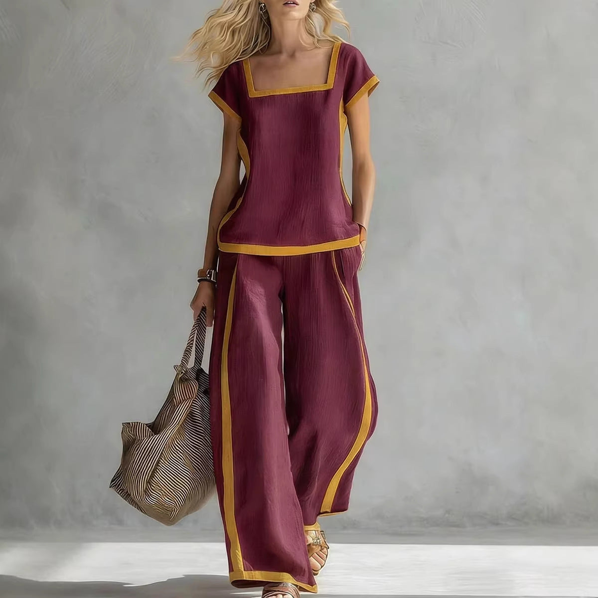 Women's Casual Square-Neck Short-Sleeve Pants Set 