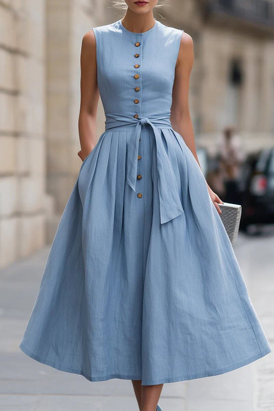 Fitted-waist, Sleeveless Cotton-linen Solid-color Maxi Dress 