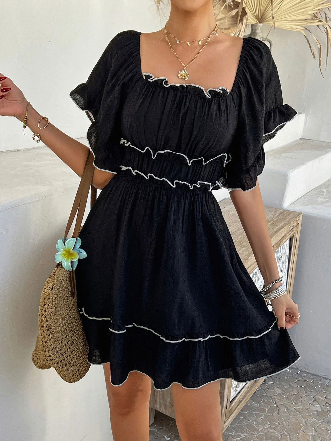 Womens French-style Square-neck Ruffled Short-sleeve Dress 