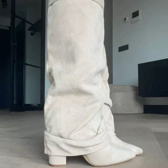 Pointed Toe Straight Tube Pleated Metal Buckle Mid-Calf Boots for Women, Chunky Heel Pipe Boots, Wide Size Available 
