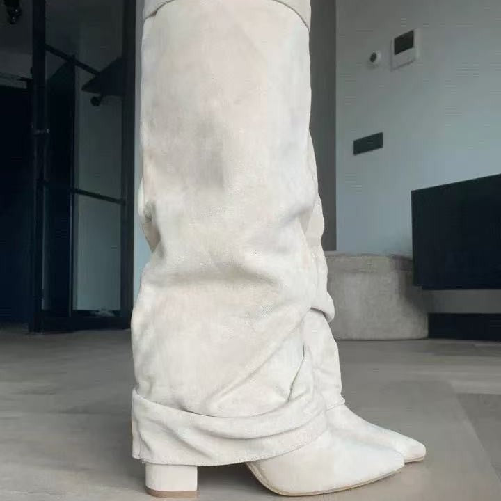 Pointed Toe Straight Tube Pleated Metal Buckle Mid-Calf Boots for Women, Chunky Heel Pipe Boots, Wide Size Available 