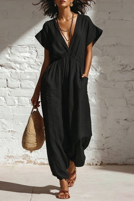 Deep V-neck loose fit pants for women 