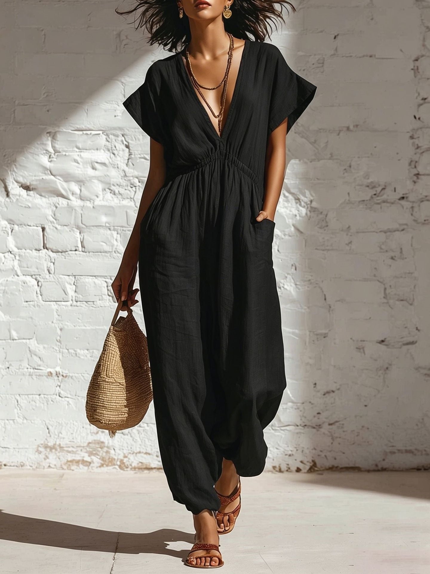 Deep V-neck loose fit pants for women 
