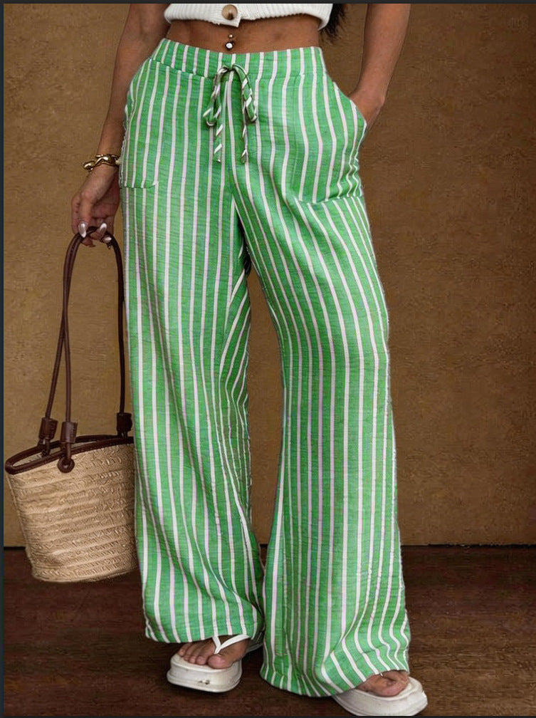 Striped Loose Commuter Casual Lace-up Elastic-waist Wide-leg Trousers 