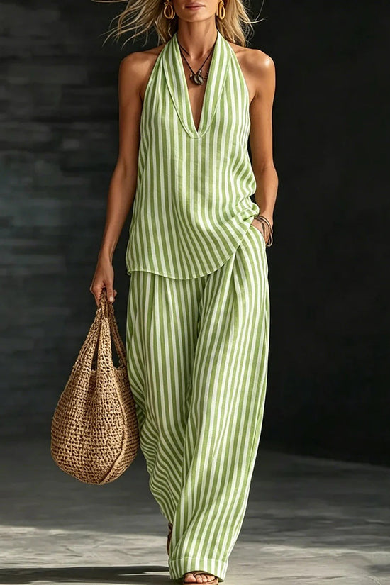 Striped Wide-leg Pants Womens Fashionable Two-piece Set 