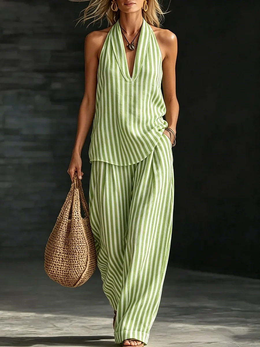 Striped Wide-leg Pants Womens Fashionable Two-piece Set 