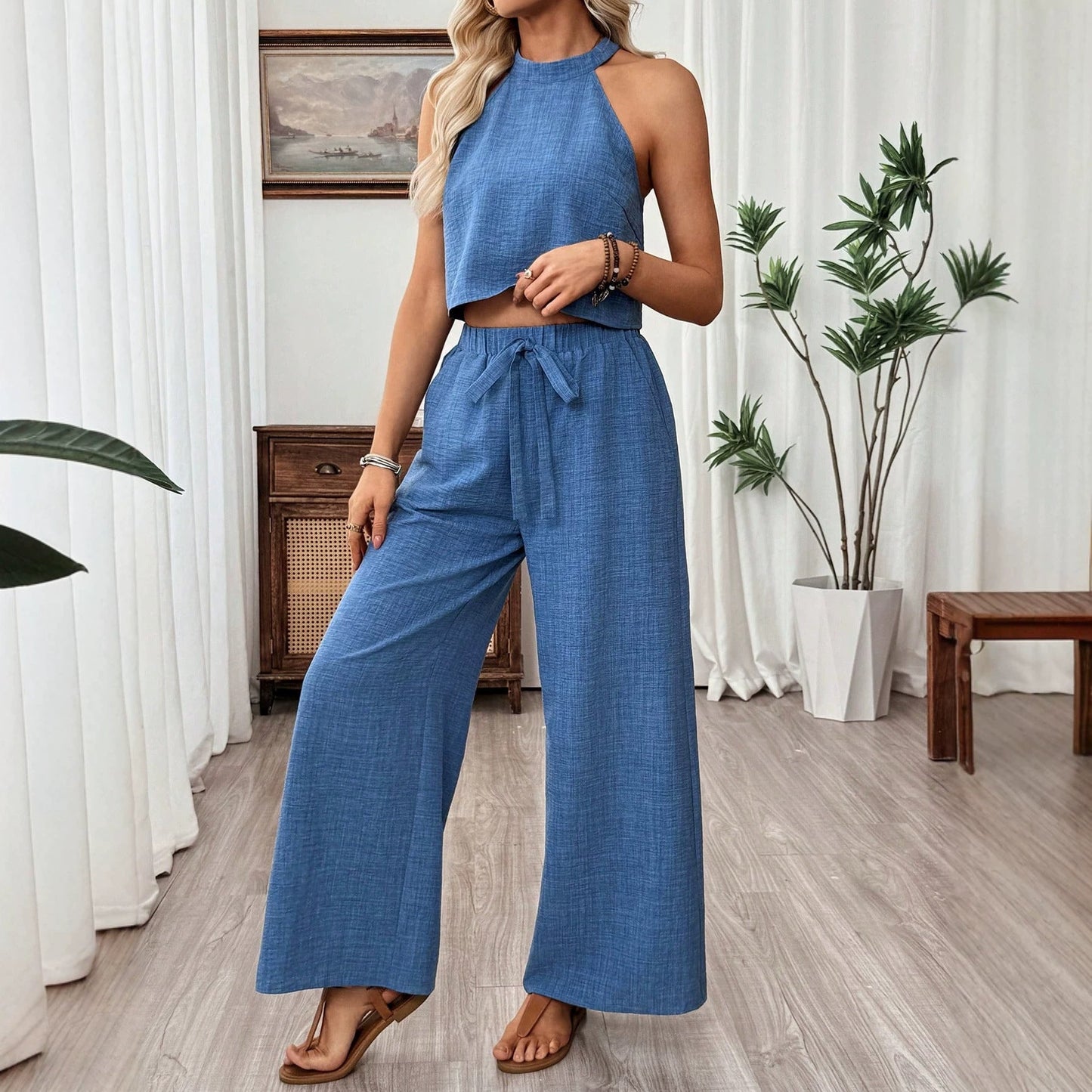 Neck-hanging Sleeveless Cropped Top And Wide-leg Pants Set 