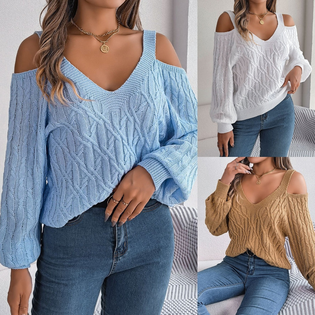 Real Shot Autumn-Winter 2025 Casual Solid Color Fried Dough Twists Off Shoulder Lantern Sleeve Sweater CJ US