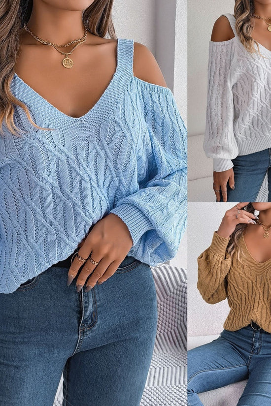 Real Shot Autumn-Winter 2025 Casual Solid Color Fried Dough Twists Off Shoulder Lantern Sleeve Sweater CJ US