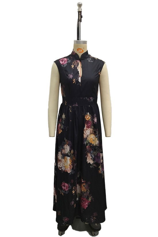 Sleeveless black three-dimensional floral print long skirt slim fit dress 