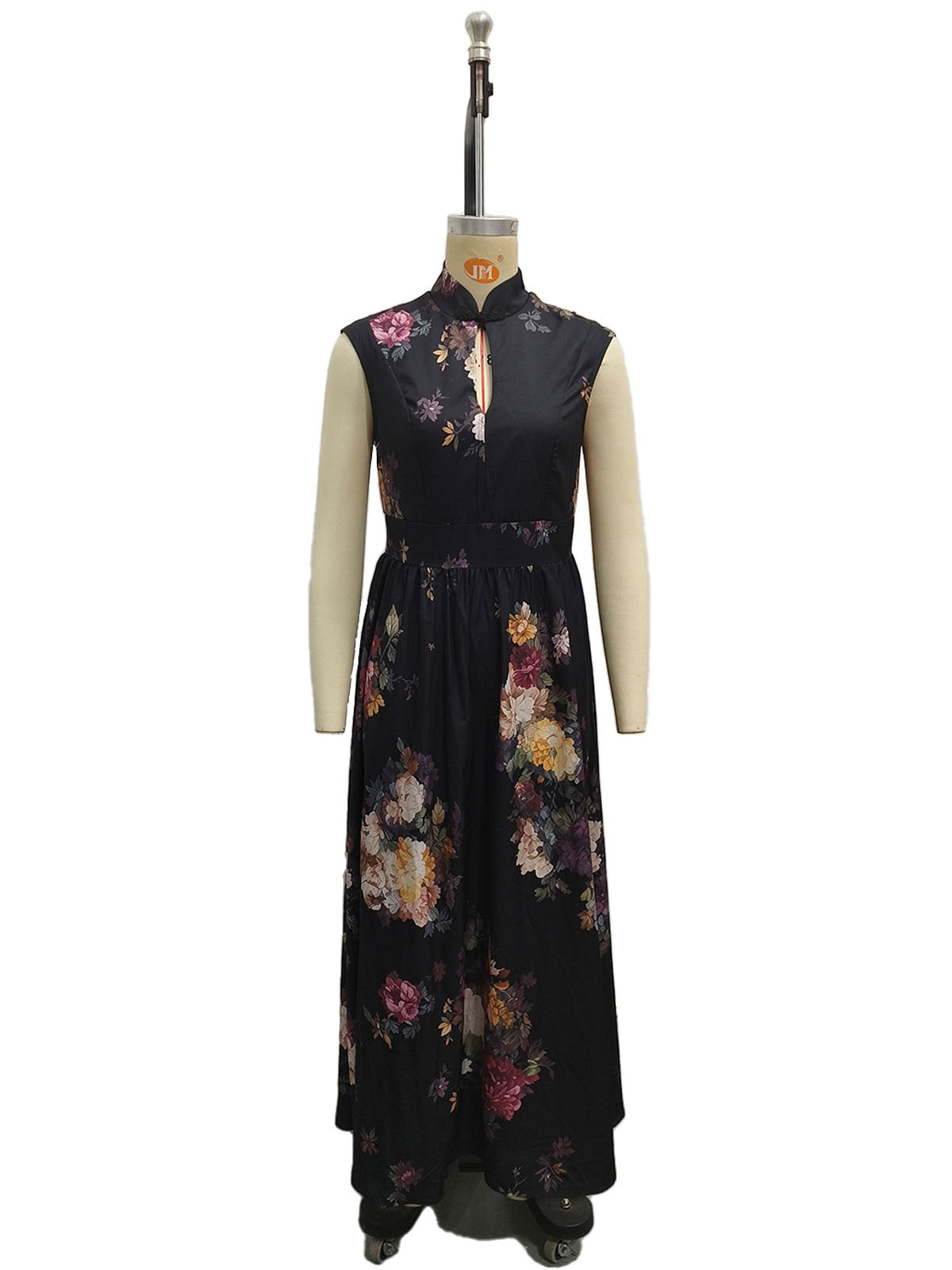 Sleeveless black three-dimensional floral print long skirt slim fit dress 