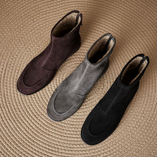 Womens Fleece-Lined Thick Simple Stylish Round-Toe Low-Heel Ankle Boots For FallWinter 