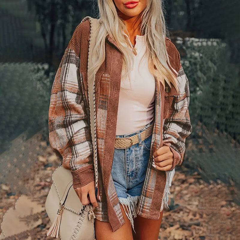 Women's Notch Lapel Check Print Long Sleeve Shirt - Button Front Pocket Detail Casual Blouse CJ US