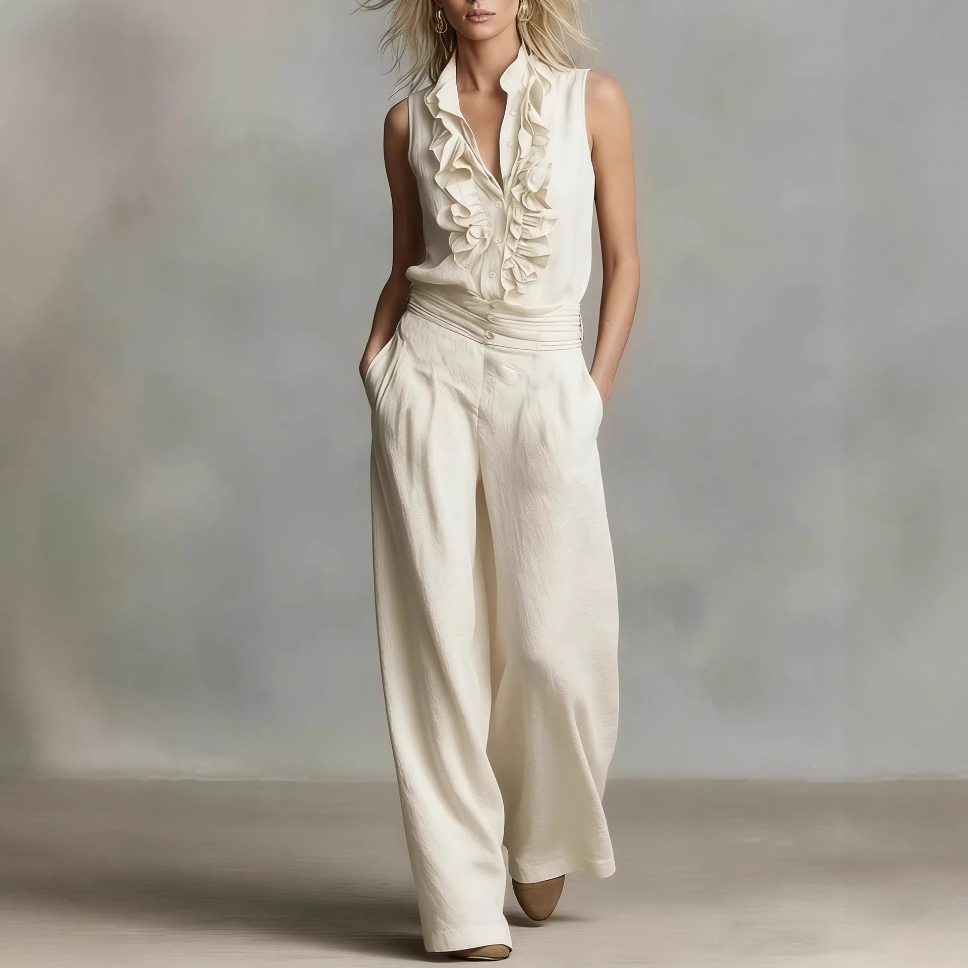 Linen-blend Sleeveless Shirt And Wide-leg Pants Set 
