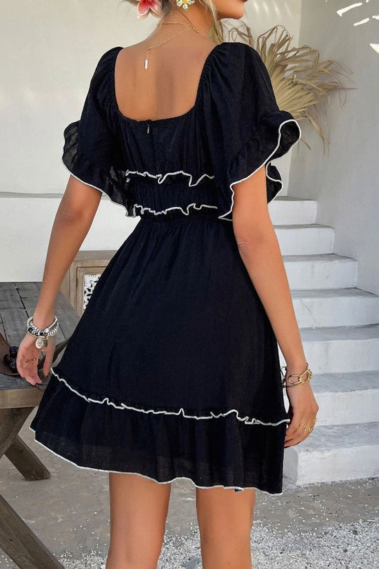 Womens French-style Square-neck Ruffled Short-sleeve Dress 