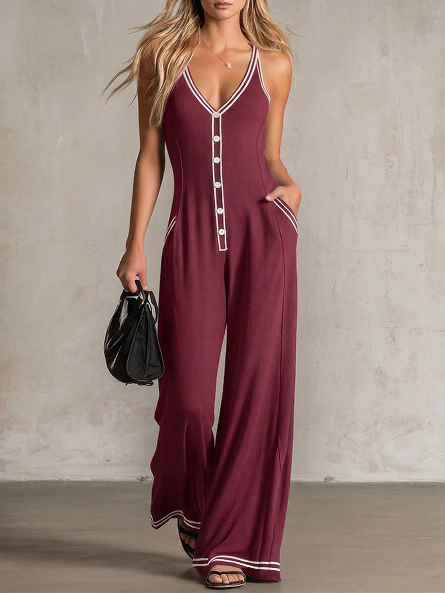 Womens V-Neck Casual Loose Backless Wide-Leg Jumpsuit 