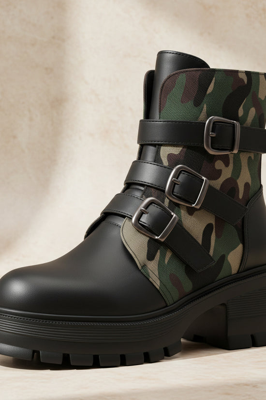 High Heel Thick Sole Belt Buckle Camouflage Low Cut Women's Boots Fashionable Large Made to order, ships in 7 days 