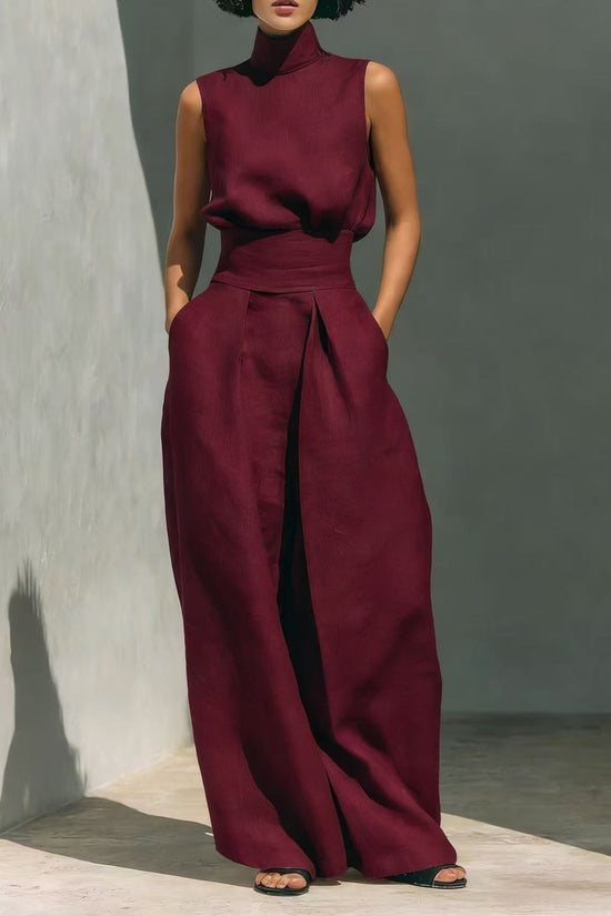 Women’s Cotton Linen Two-Piece Set – Sleeveless Top & Wide-Leg Pants 