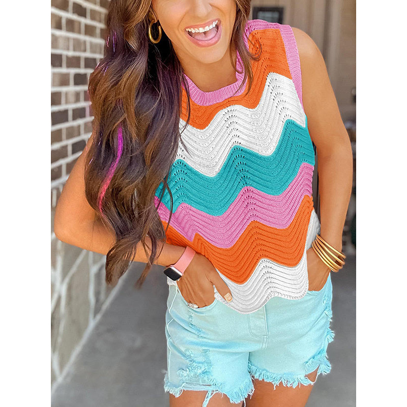 Womens Summer Rainbow Striped Sweater Vest Sleeveless Knit Crew Neck Color Block Going Out Cropped Tank Top CJ US