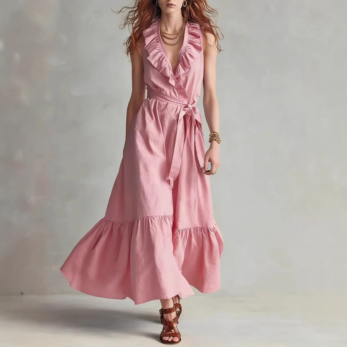 V-neck Sleeveless Lace-Up Panelled Dress 