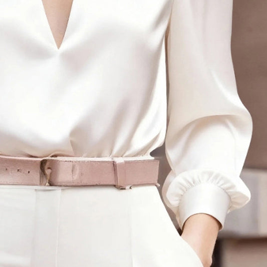 Women's Elegant V-Neck Long Sleeve Solid Color Satin Top Slim Fit Blouse For Office Party & Daily Wear 