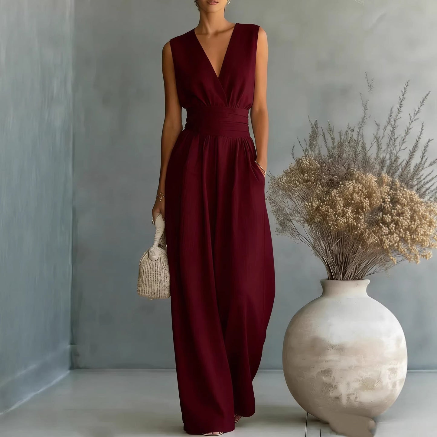 Womens Elegant Sleeveless Waist-Cinching V-Neck Sophisticated Jumpsuit 