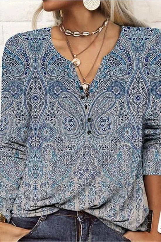 Women's Casual Ethnic Style V-neck Long-sleeved T-shirt 