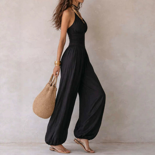 Sleeveless hanging neck backless high waisted jumpsuit 