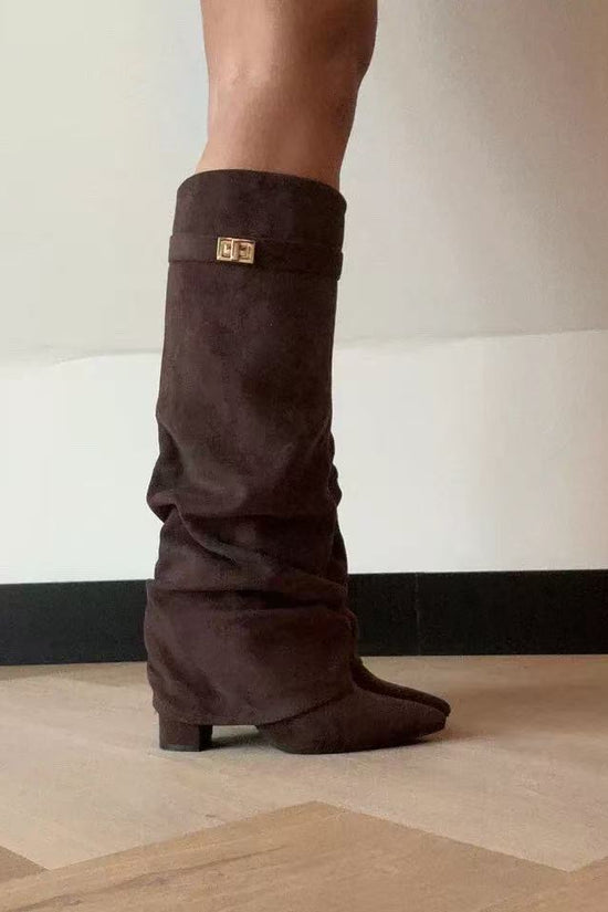 Pointed Toe Straight Tube Pleated Metal Buckle Mid-Calf Boots for Women, Chunky Heel Pipe Boots, Wide Size Available 