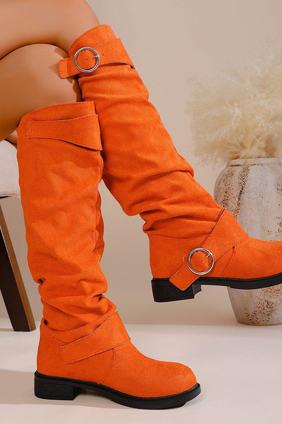Pleated Flat-bottom Western Cowboy Boots For Women With Belt Buckle 