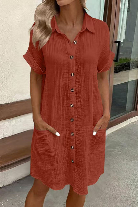 Casual Solid-Color Single-Breasted Mid-Length Short-Sleeve Dress 