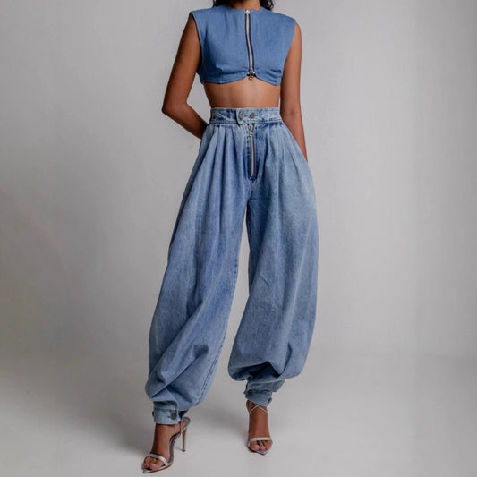 High waisted zipper leg tied jeans for women 