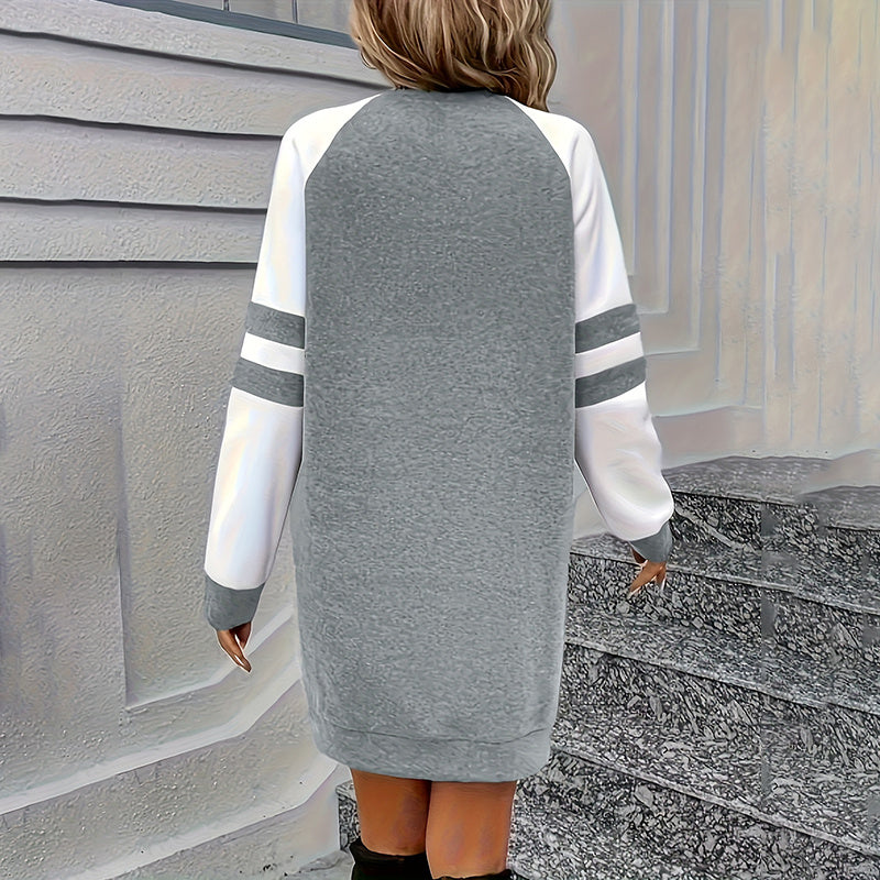 Women's Color Block Sweatshirt Dress Long Sleeve Crew Neck, Casual Short Pullover Tunic Dress CJ US