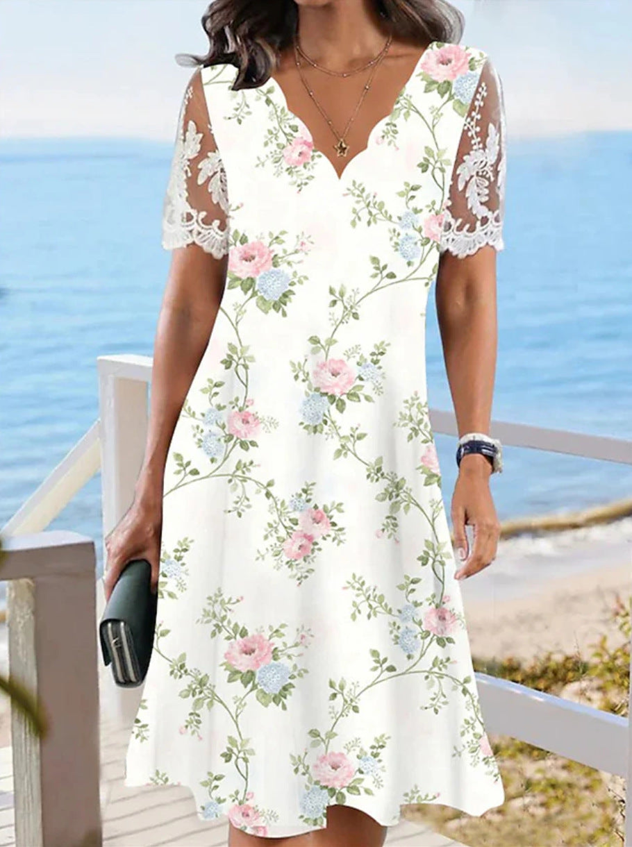 Lace Short-sleeve Floral Dress Women's Clothing 