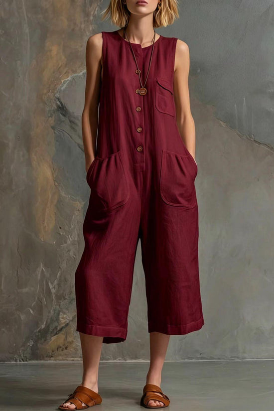 Retro Sleeveless Cotton-Linen Wide-Leg Cropped Jumpsuit 