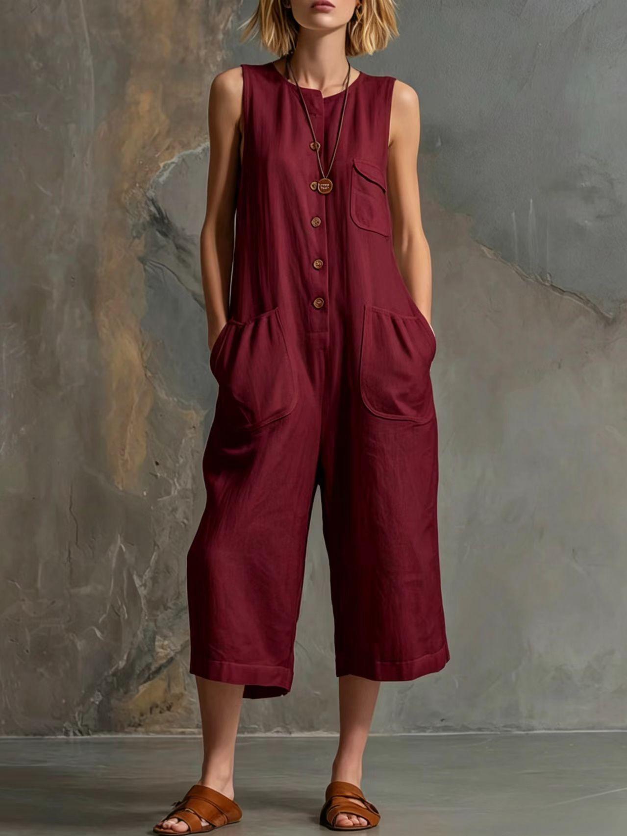 Retro Sleeveless Cotton-Linen Wide-Leg Cropped Jumpsuit 