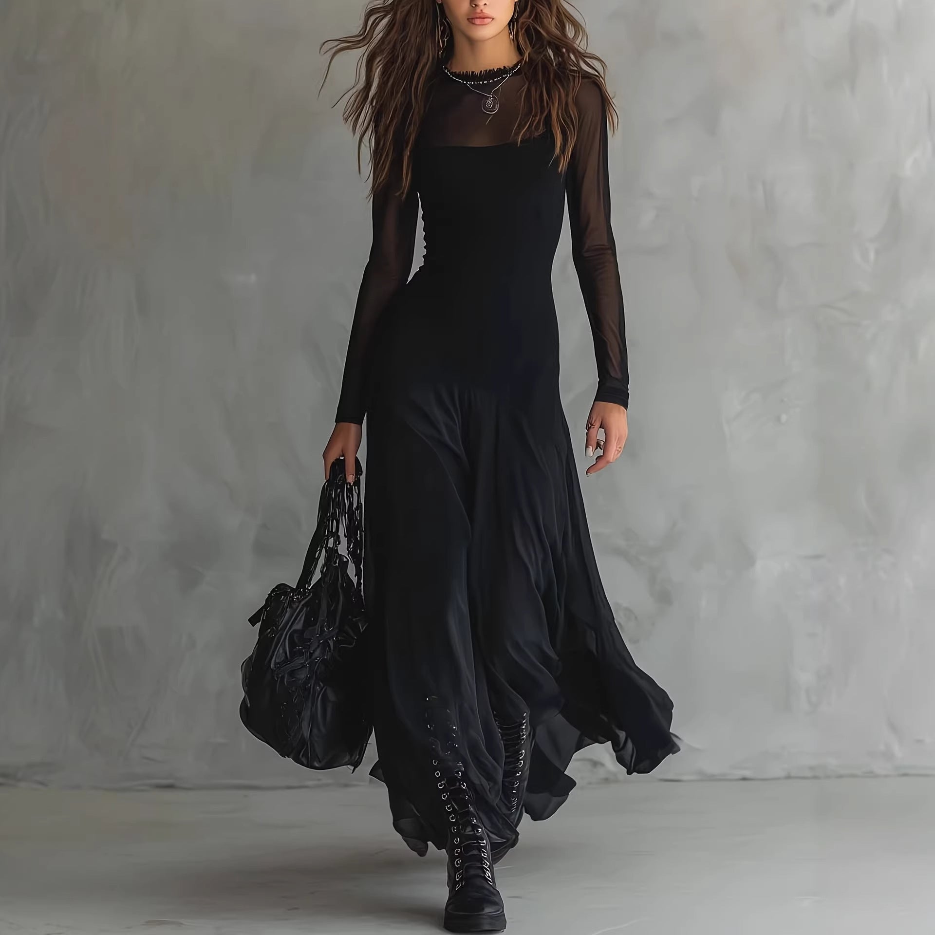 Elegant women's black see through mesh long sleeved dress 