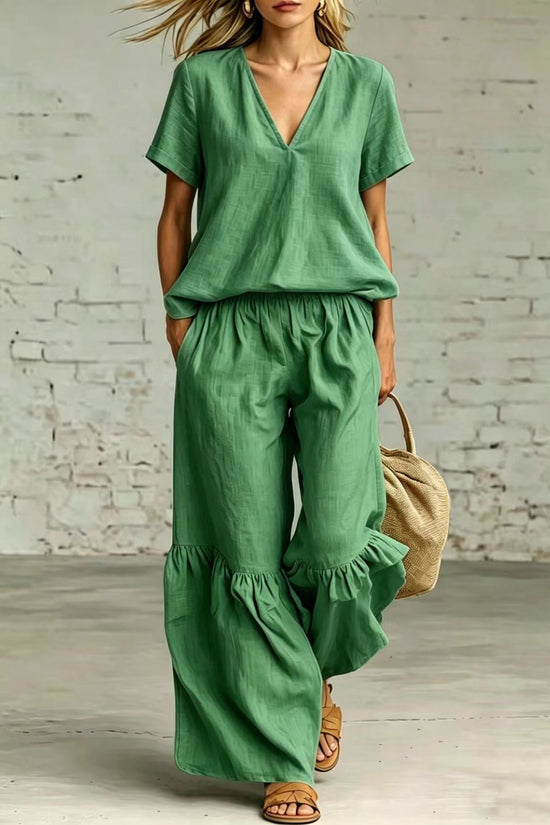 Womens Casual Solid Color V-Neck Loose Short-Sleeve Pants Set 