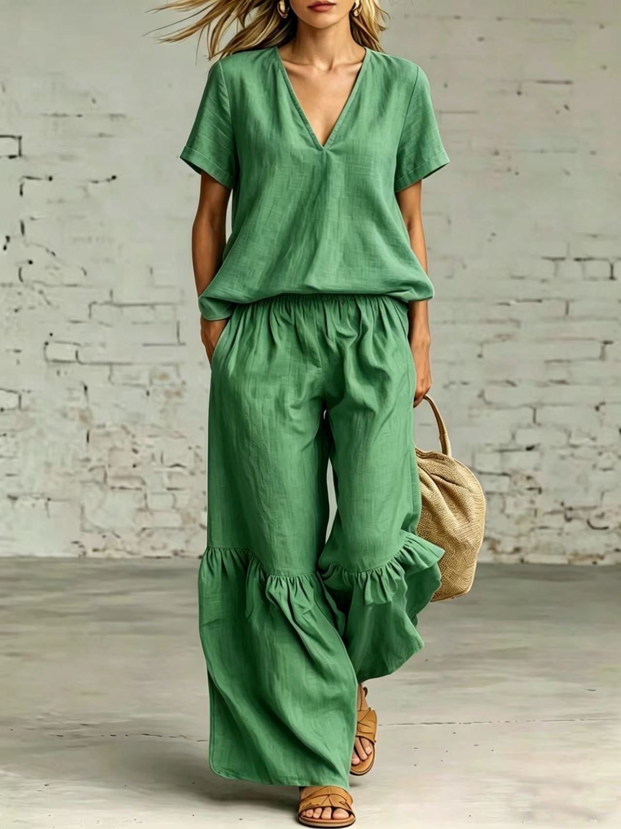 Womens Casual Solid Color V-Neck Loose Short-Sleeve Pants Set 