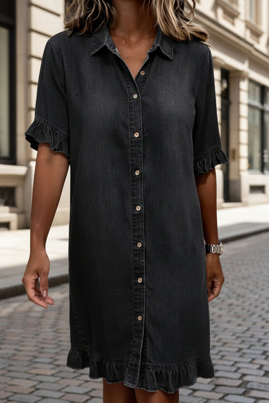 Solid-color Faux Denim Ruffled-edge Shirt Dress 